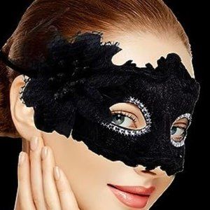MASK Masquerade Venetian Mask Lace Black Flower Black Feathers Bling Halloween